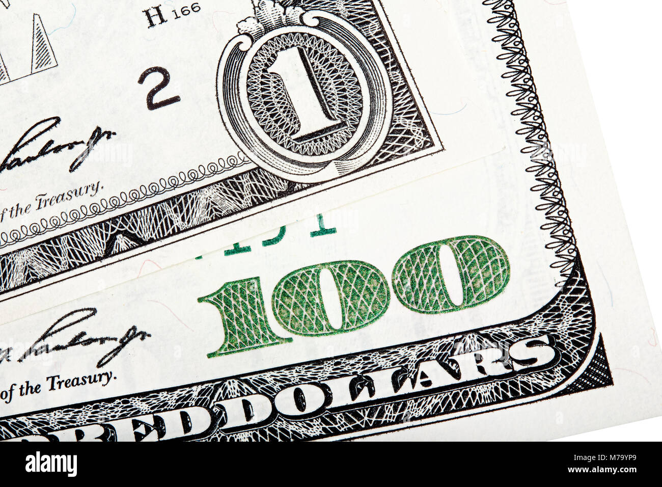 Close-up impilati estremità foto di un dollaro e centinaia di dollari di Bill Foto Stock