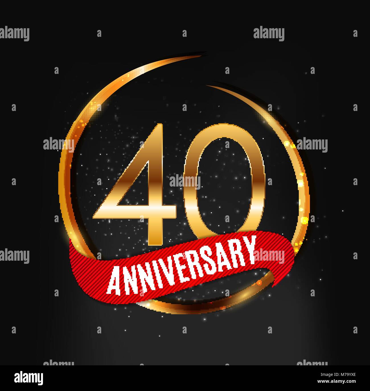 Modello Logo Oro 40 anni di anniversario con un nastro rosso illustrazione vettoriale Illustrazione Vettoriale