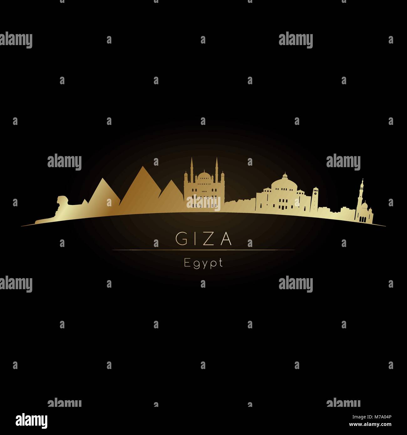 Il logo dorato Giza lo skyline della citta'. Vettore illustrazione silhouette Illustrazione Vettoriale