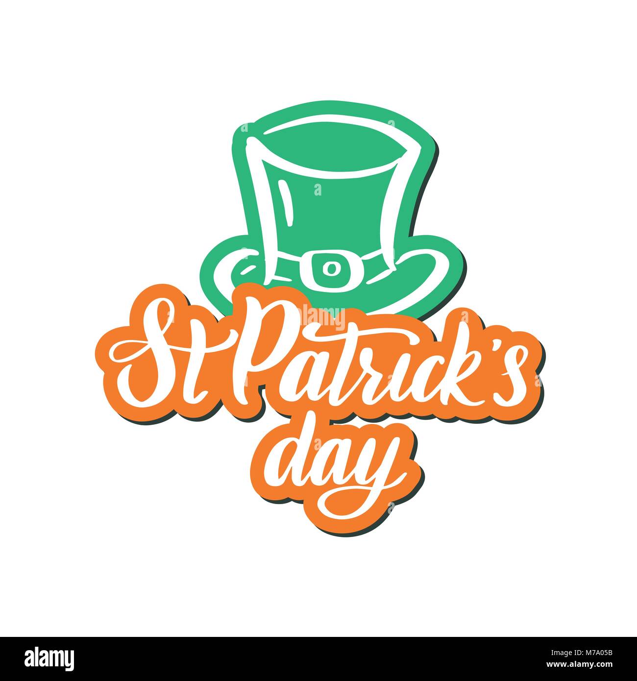 Composizione irlandese con verde leprechaun hat, etichetta san patrizio giorno. Adesivo con ombra. Illustrazione Vettoriale. Illustrazione Vettoriale