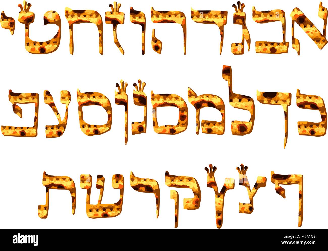 Alfabeto ebraico matzah di Pasqua. Lettera ebraica Pesach. Calligraphy font. La Pasqua ebraica. Matzo texture. Illustrazione Vettoriale su sfondo isolato. Illustrazione Vettoriale