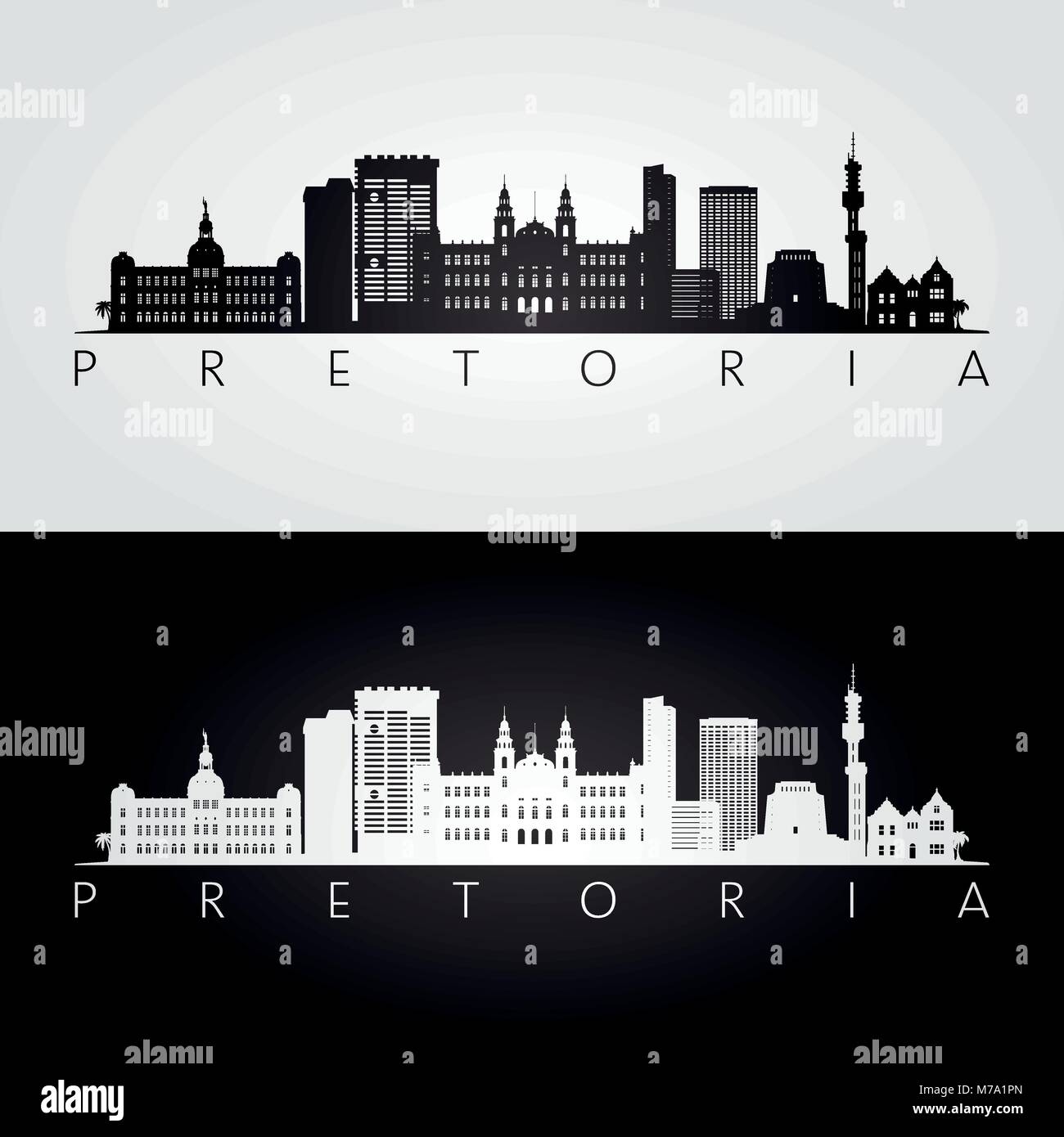 Lo skyline di Pretoria e i punti di riferimento silhouette, design in bianco e nero, illustrazione vettoriale. Illustrazione Vettoriale