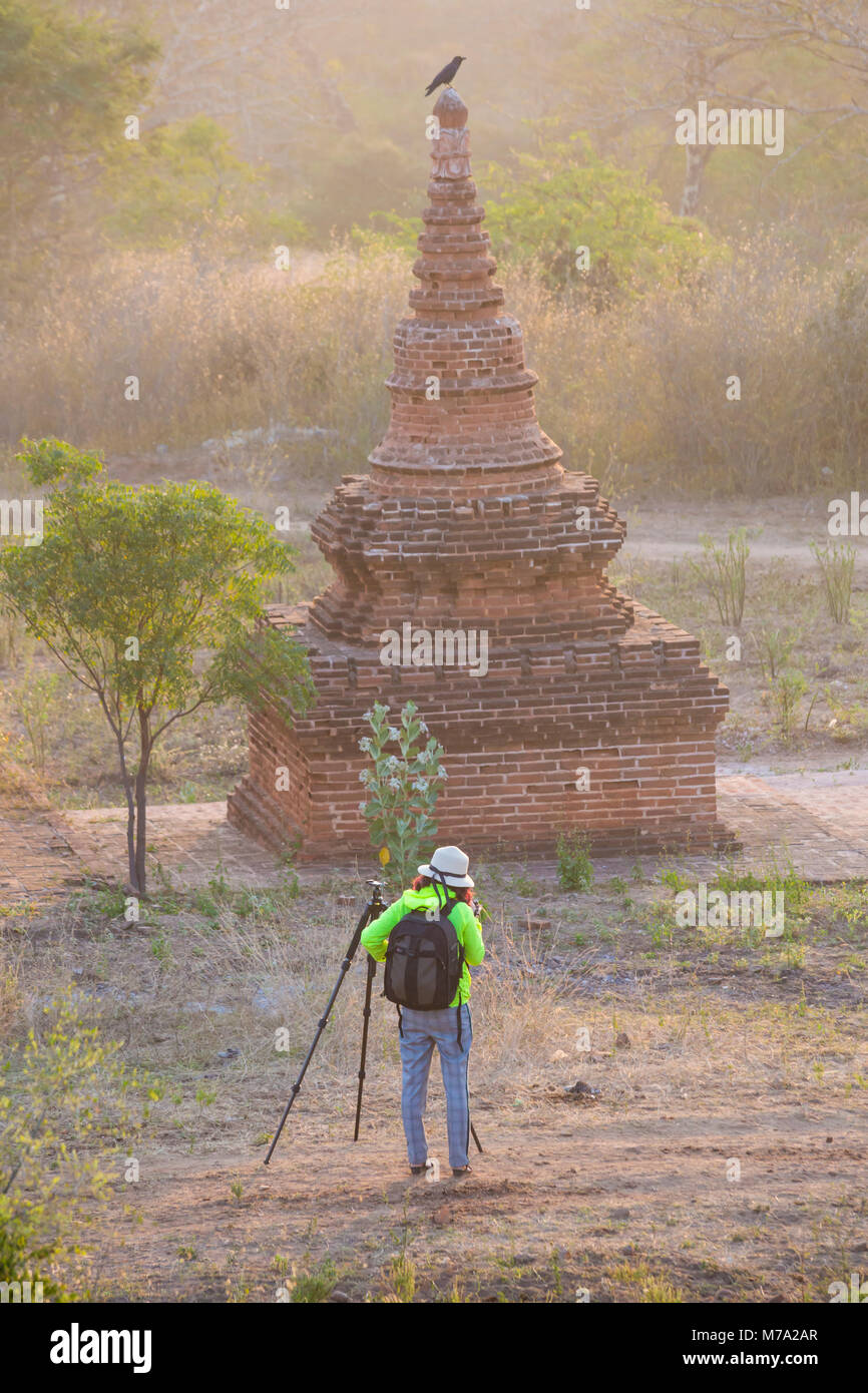 Visitatore impostazione treppiede per scattare foto di templi in inizio di mattina di luce, prese a Tumulo di mattoni vicino villaggio Taungbi a Bagan, Myanmar (Birmania), Asia Foto Stock