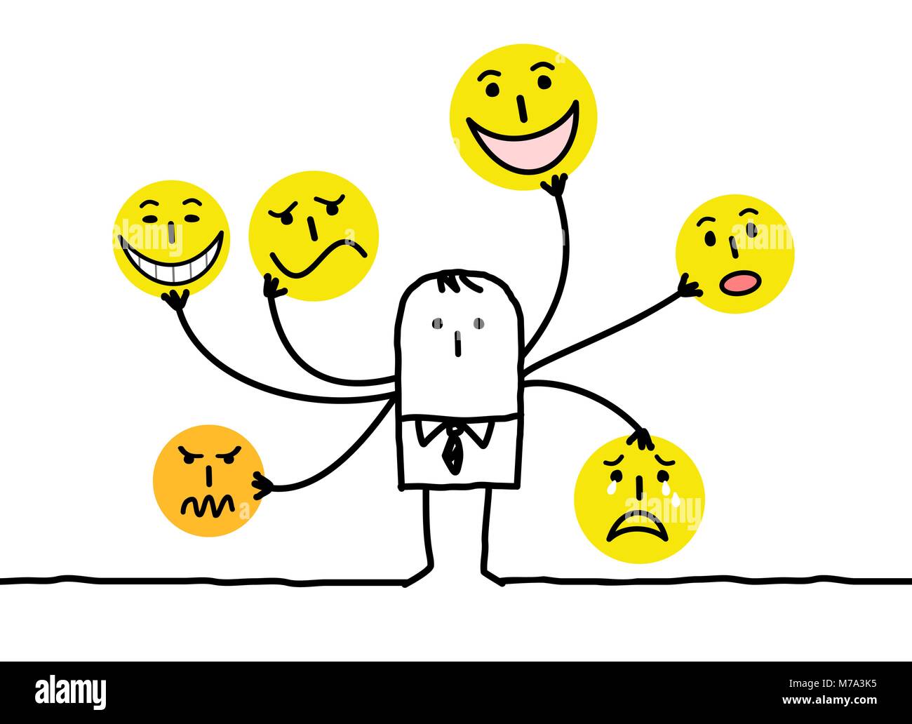 Cartoon Uomo con Multi facce di emoticon Illustrazione Vettoriale