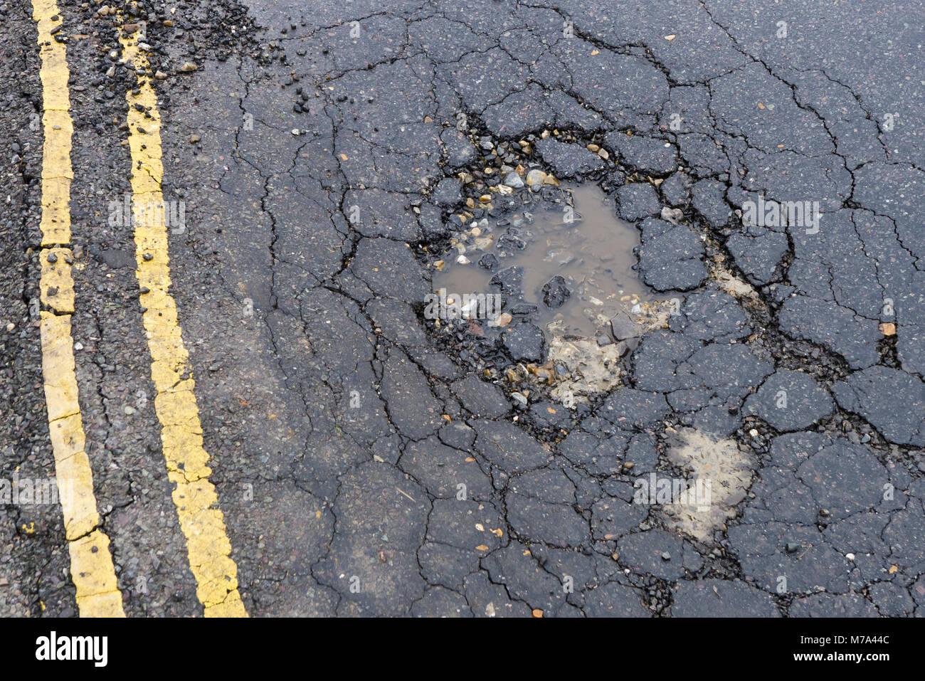 Buche e deterioramento della superficie stradale inverno 2017/2018. Foto Stock