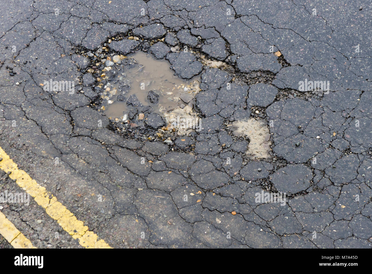 Buche e deterioramento della superficie stradale inverno 2017/2018. Foto Stock