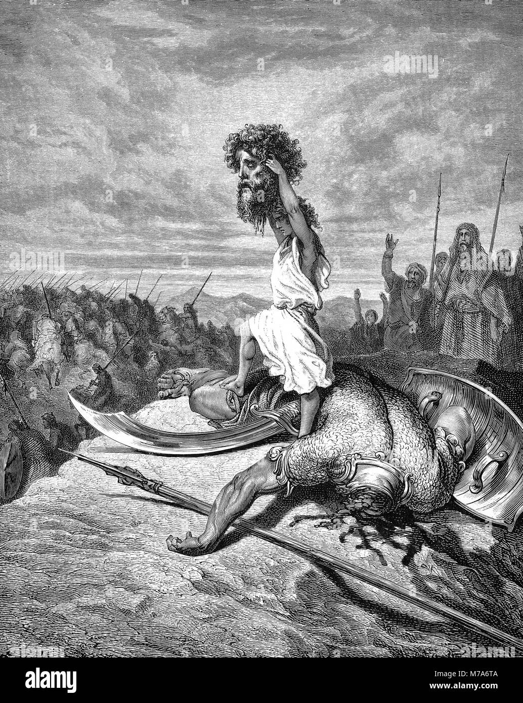 Davide con la testa di Golia (libro di Samuele). Illustrazione di Gustave Dore. Foto Stock