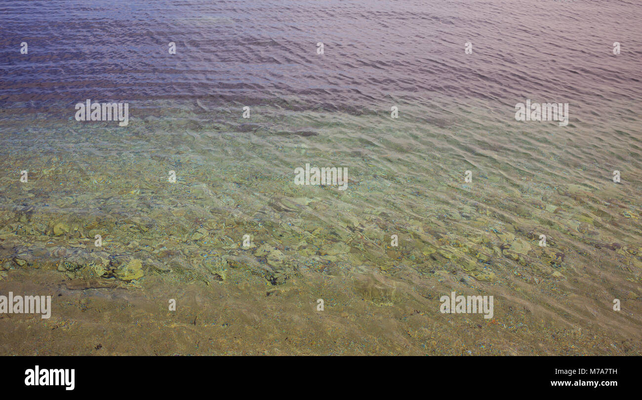 Trasparente la superficie del mare sullo sfondo. Fondale basso, sopra visualizza Foto Stock