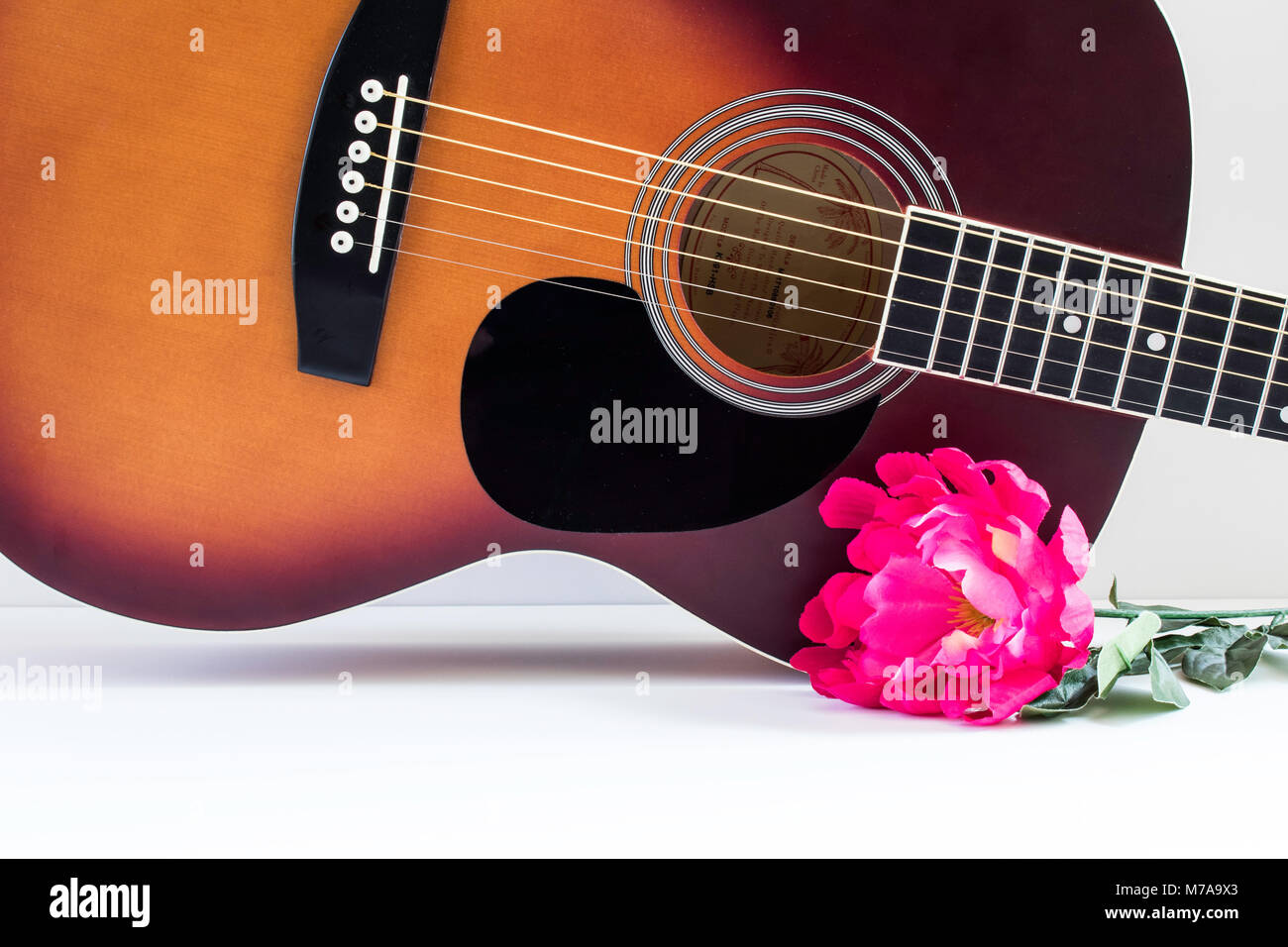 Piuttosto il corpo della chitarra con fiore rosa sulla destra e copia dello spazio sottostante Foto Stock