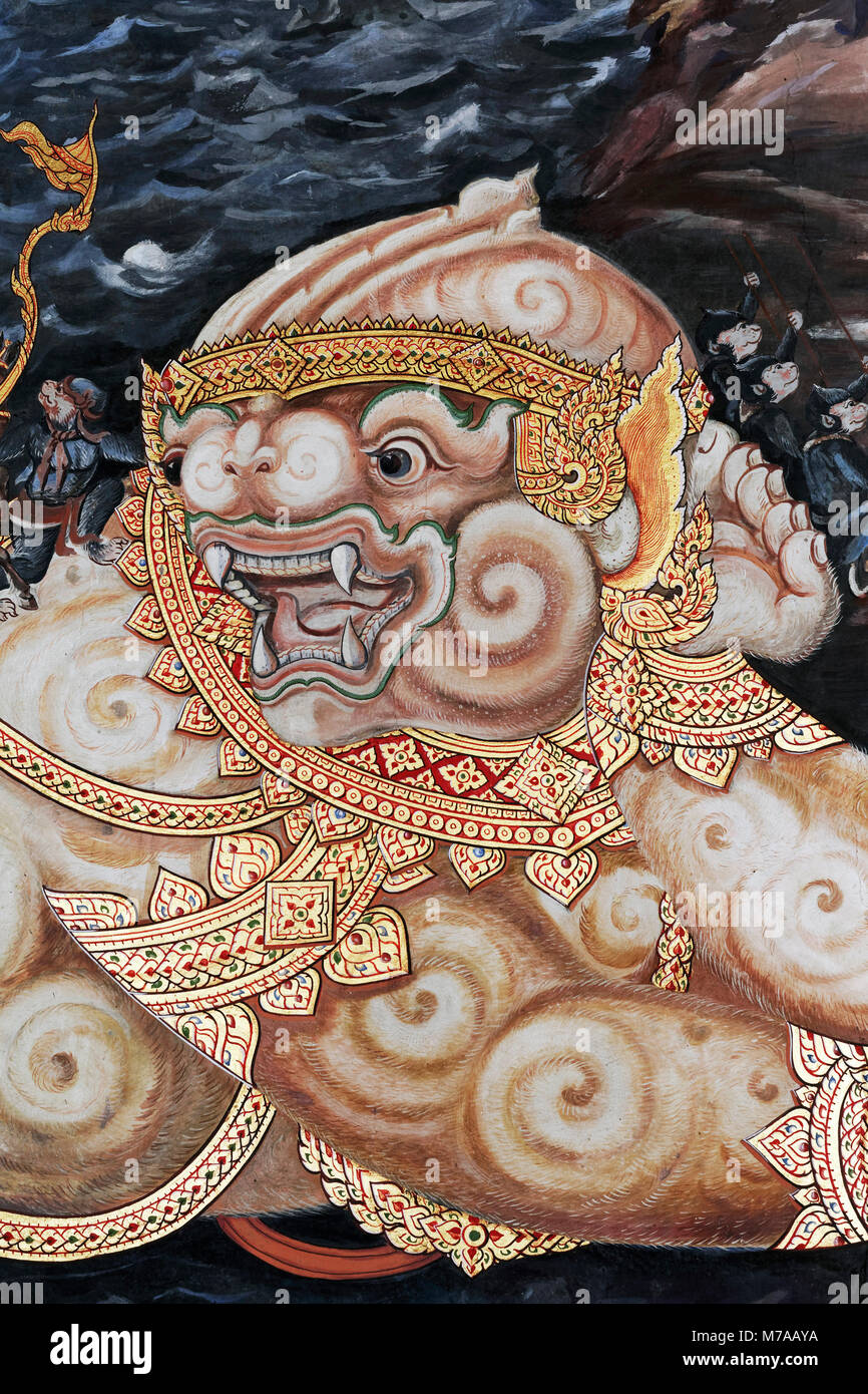 Demone, figura dalla nazionale Tailandese Ramakia epic, pittura murale in Wat Phra Kaeo, Ko Ratanakosin, Bangkok, Thailandia Foto Stock