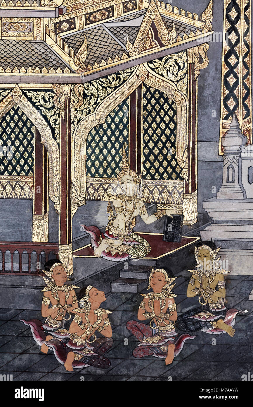 Rama la sposa di Sita, pittura murale, scena da Ramakia, Wat Phra Kaeo, Ko Ratanakosin, Bangkok, Thailandia Foto Stock