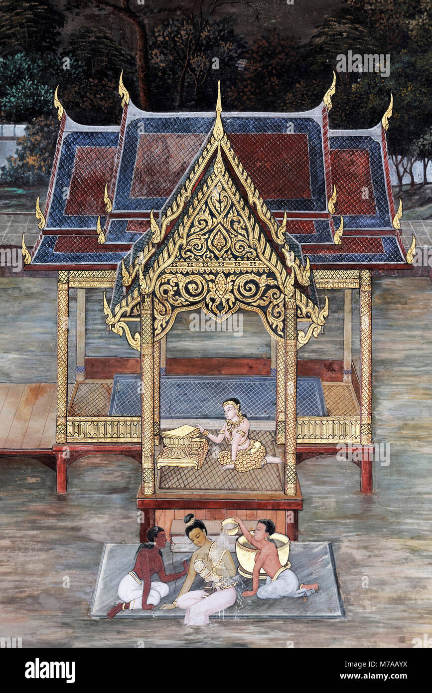 Rama la sposa balneare sita, pareti da Ramakia, Wat Phra Kaeo, Ko Ratanakosin, Bangkok, Thailandia Foto Stock