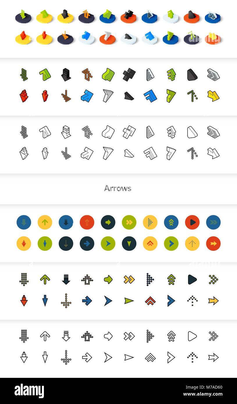 Set di icone in stile differente - isometrica e piatto otline, colorate e le versioni di colore nero Illustrazione Vettoriale