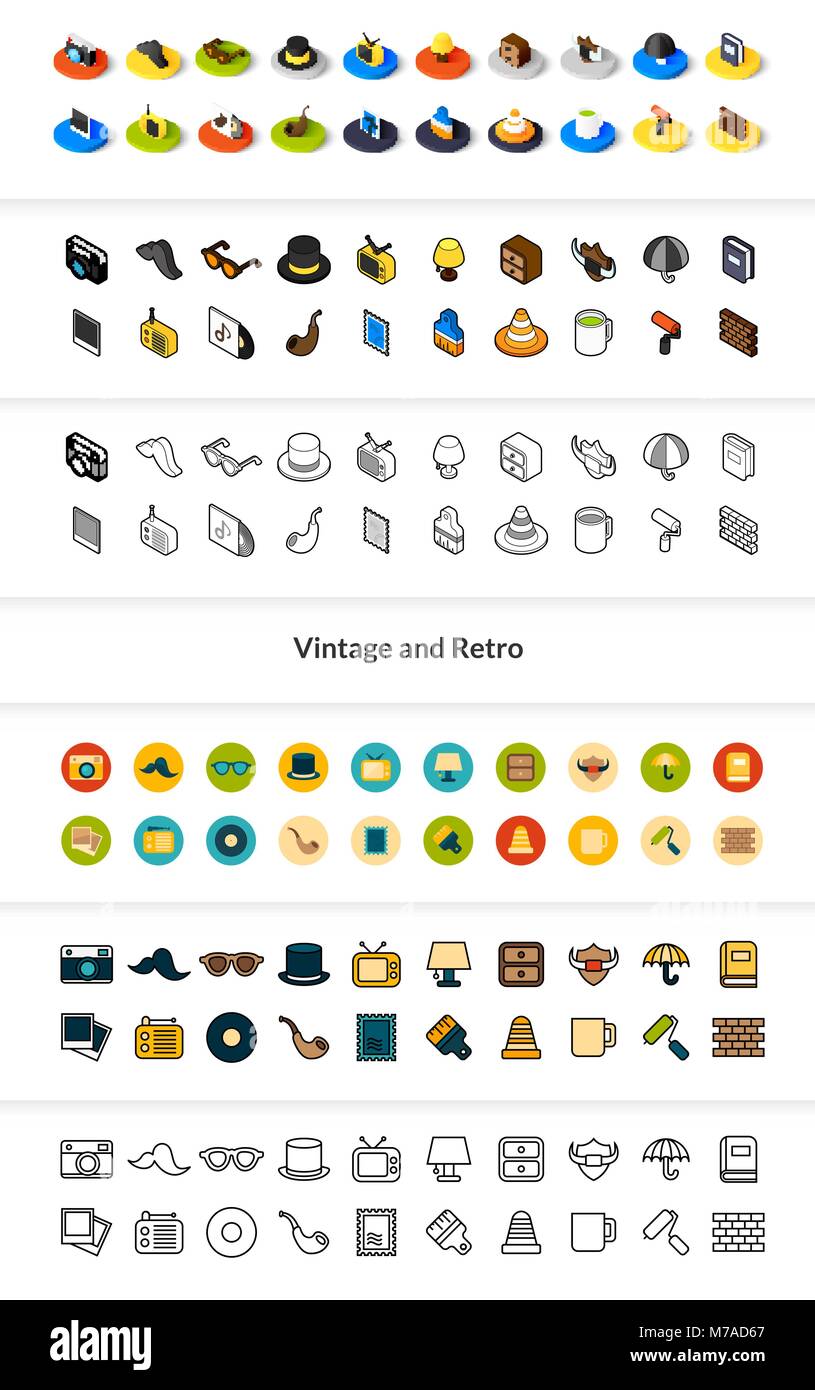 Set di icone in stile differente - isometrica e piatto otline, colorate e le versioni di colore nero Illustrazione Vettoriale