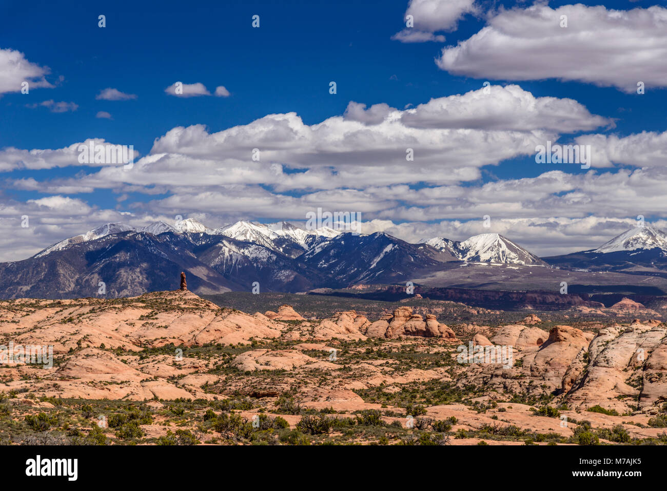 Gli Stati Uniti, Utah, Grand county, Moab, Arches National Park, pietrificate dune verso La Sal Mountains Foto Stock