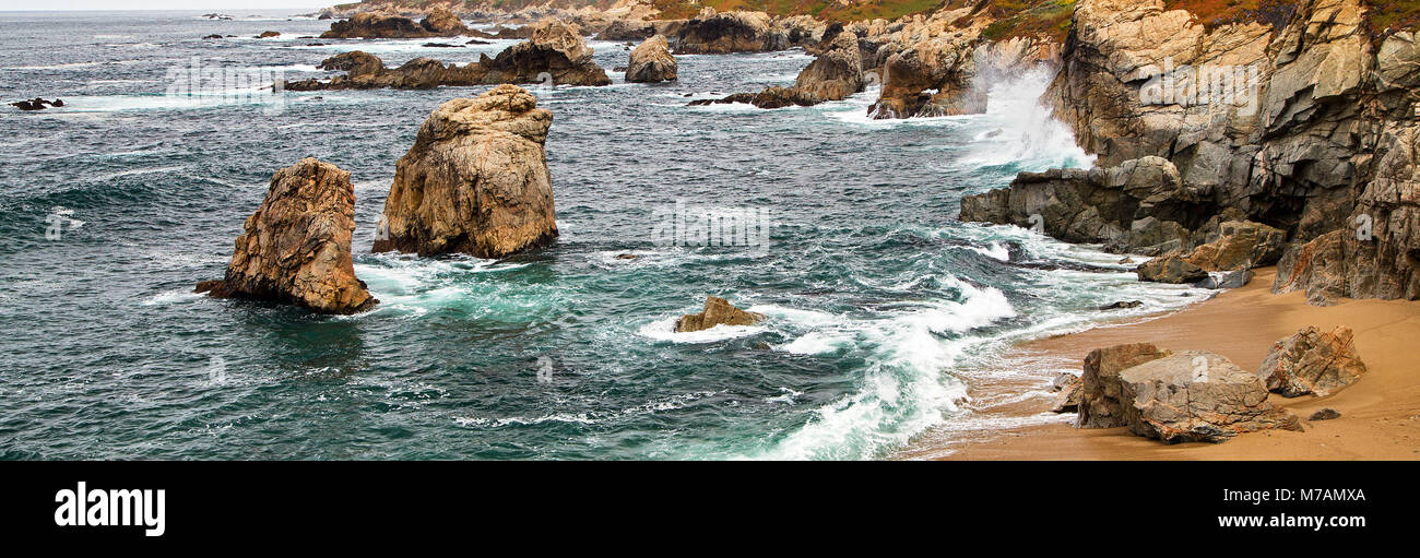 California, Pacific Coast, Garrapata State Park, surf, rock Foto Stock