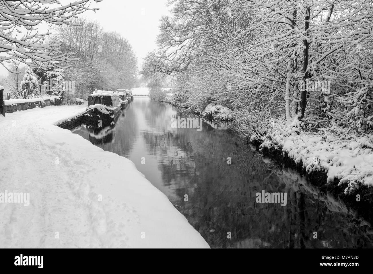 Narrowboats ricoperta di neve si vedono ormeggiati in Llangollen Canal Foto Stock