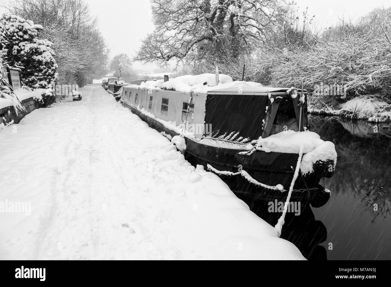 Narrowboats ricoperta di neve si vedono ormeggiati in Llangollen Canal Foto Stock