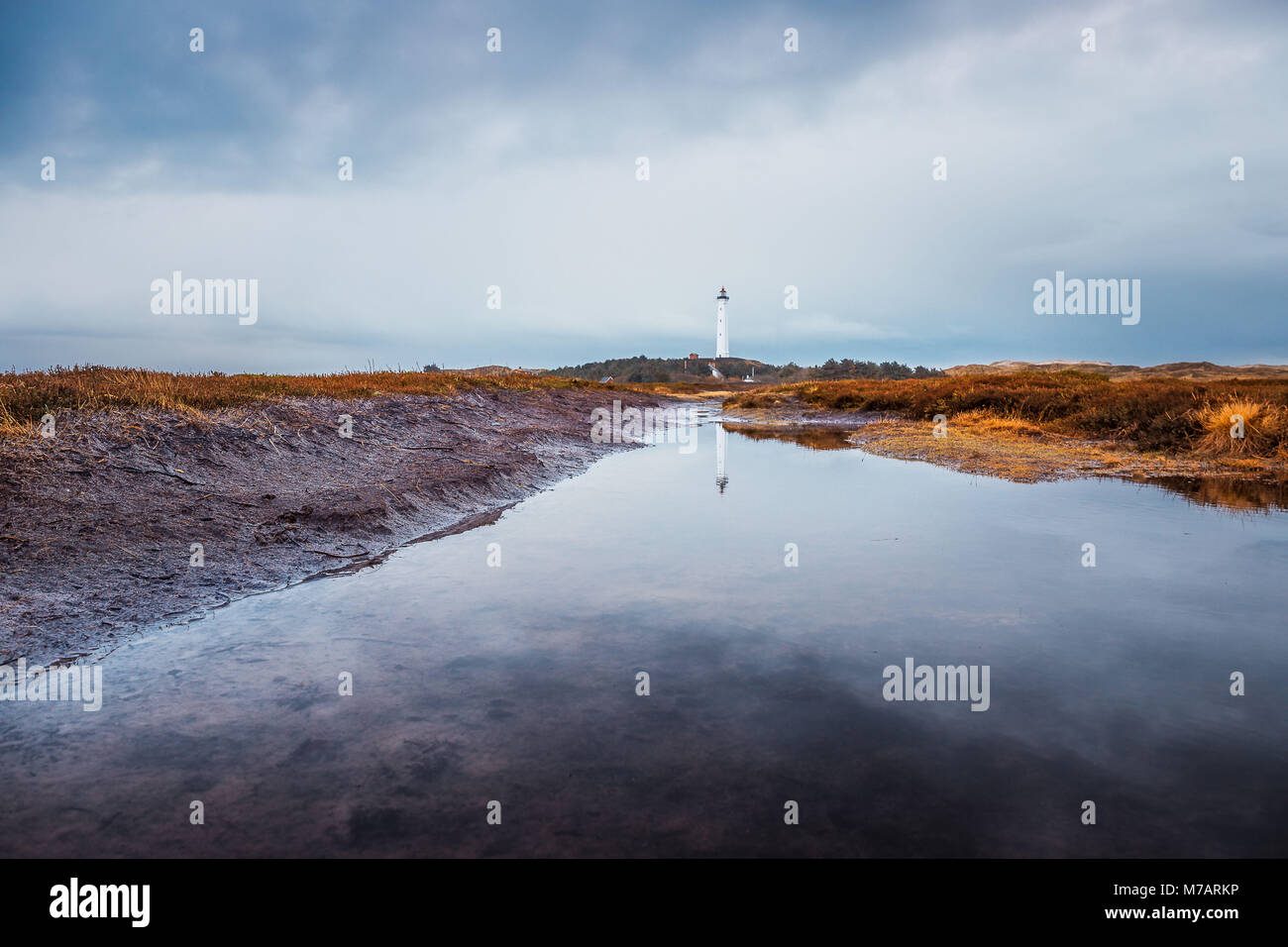 Lyngvig Fyr con la riflessione in una pozzanghera dopo la pioggia Foto Stock