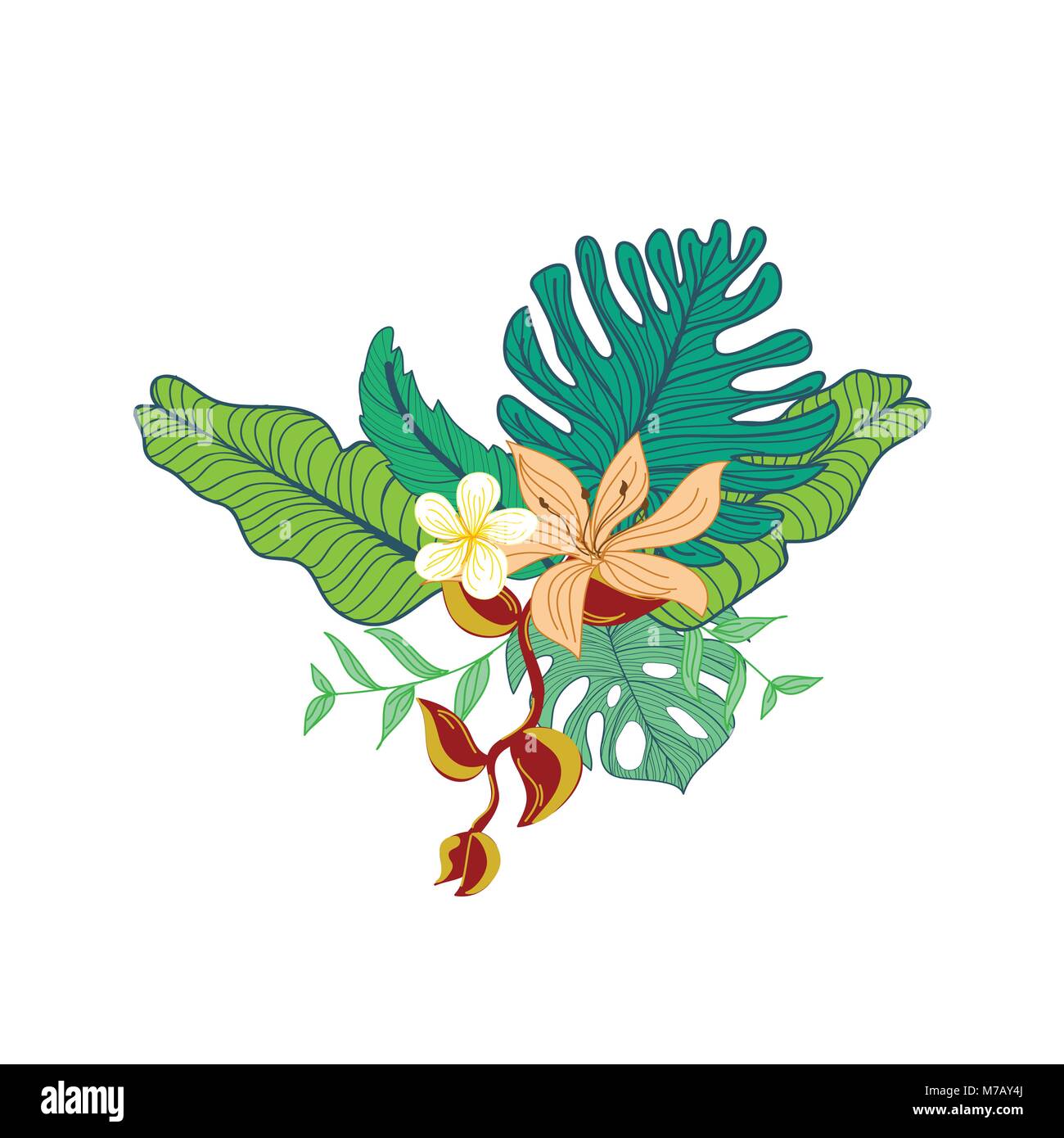 Disegnata a mano fiore tropicale fogliame composito simbolo Vector Graphic Design Illustrazione Vettoriale