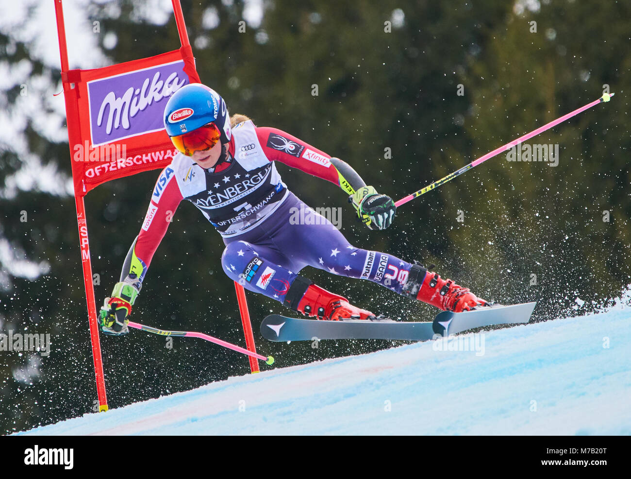 Ofterschwang, Germania. 09Mar, 2018. Mikaela SHIFFRIN, STATI UNITI D'AMERICA in azione alle donne slalom gigante FIS World Cup gara di Ofterschwang, Germania Marzo 09, 2018. Credito: Peter Schatz/Alamy Live News Foto Stock