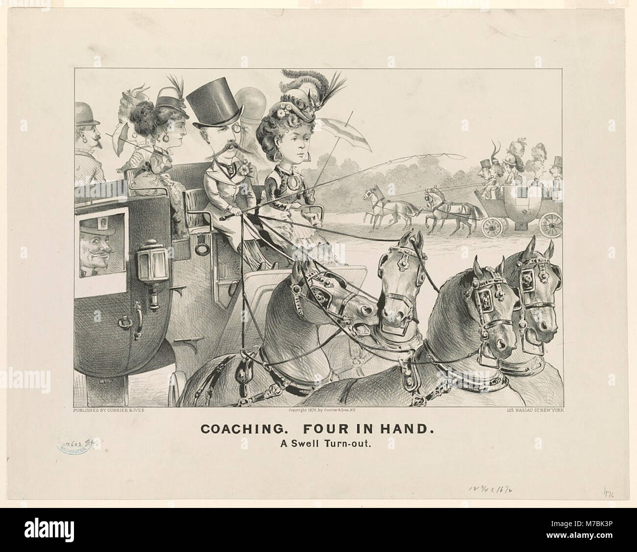 Questa immagine mostra una squadra di allenatori "quattro in mano", una popolare formazione di carrozze trainate da cavalli. L'immagine cattura l'eleganza dell'affluenza, dimostrando l'abilità necessaria per gestire quattro cavalli che tirano una carrozza in questa formazione. Foto Stock
