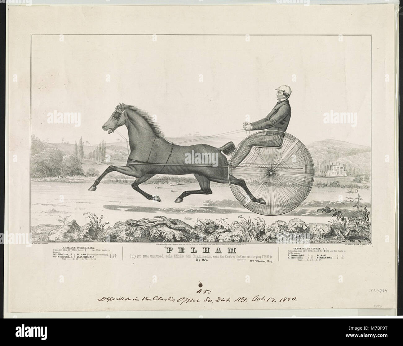 Un resoconto storico di Pelham, un cavallo che ha trotto un miglio di imbracatura al corso di Centreville il 2 luglio 1849, trasportando 175 libbre in un tempo di 2 minuti e 28 secondi. Foto Stock