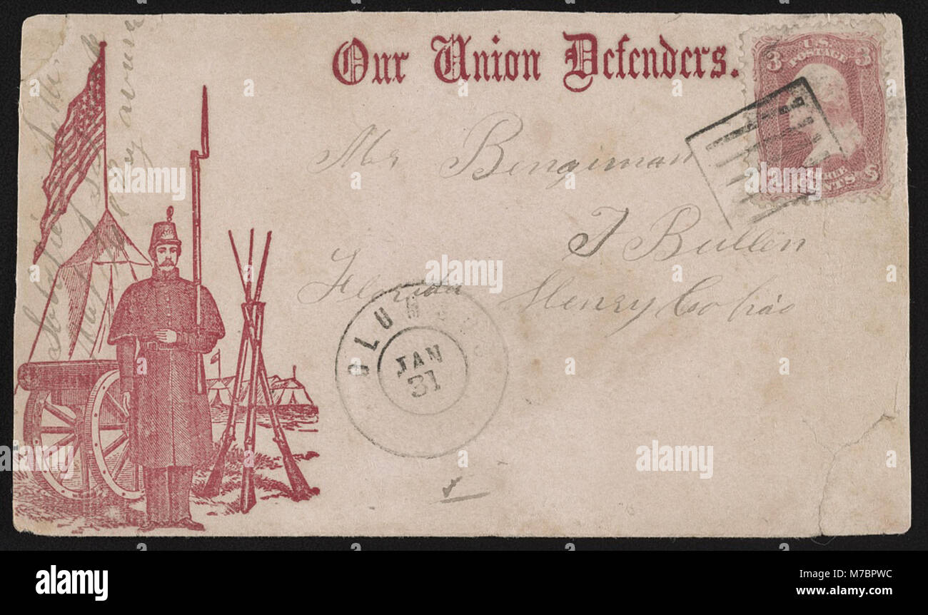Questa busta della Guerra civile presenta l'immagine di un soldato all'attenzione del campo con la frase "i nostri difensori dell'Unione”, che rappresenta le forze dell'Unione durante il conflitto. Foto Stock