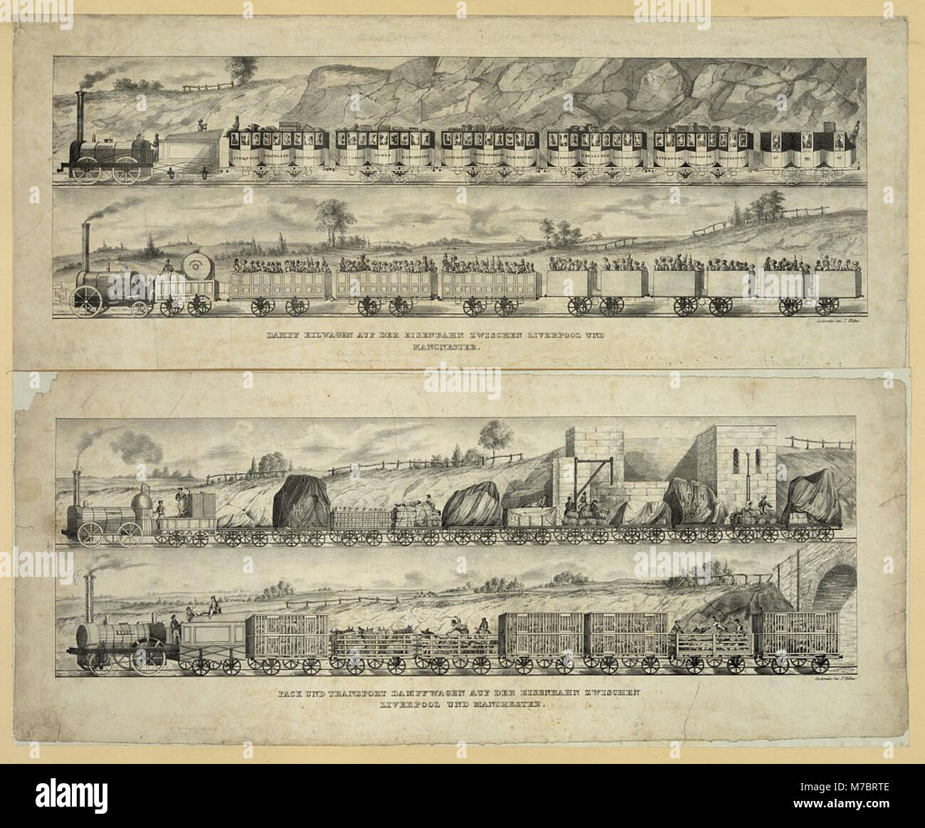 I vagoni a vapore sulla ferrovia tra Liverpool e Manchester, catturati da J. Velten, rappresentano i primi trasporti industriali nel Regno Unito durante il XIX secolo. Foto Stock