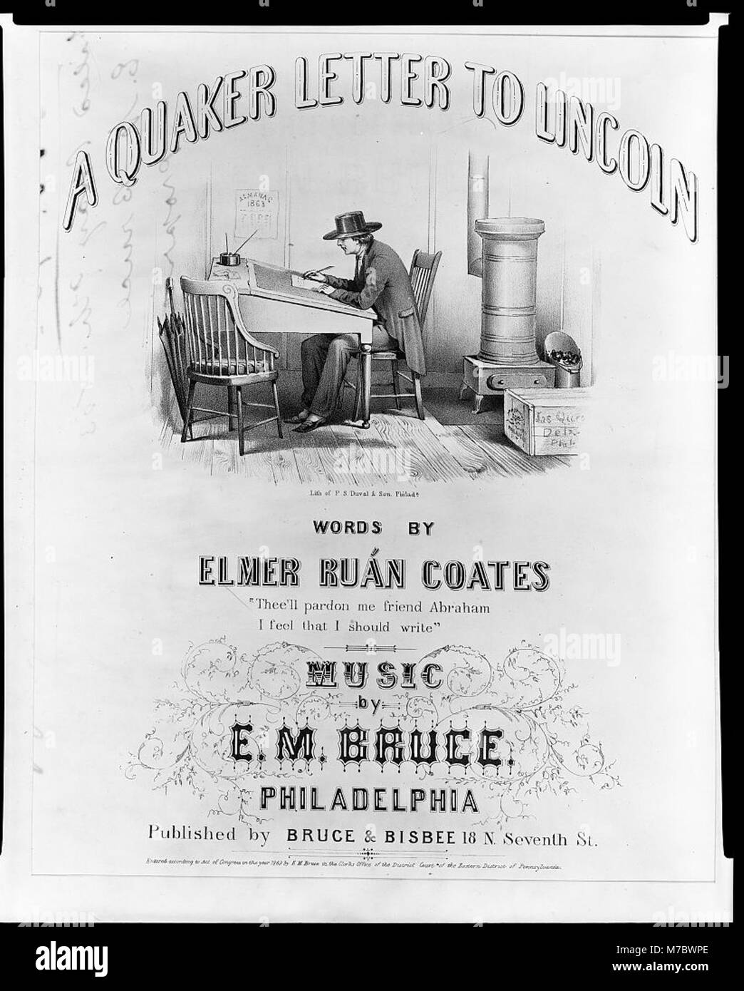 Questa lettera quacchera al presidente Abraham Lincoln è stata scritta da Elmer Run Coates con musica composta da E.M. Bruce, che riflette un significativo momento storico. Foto Stock