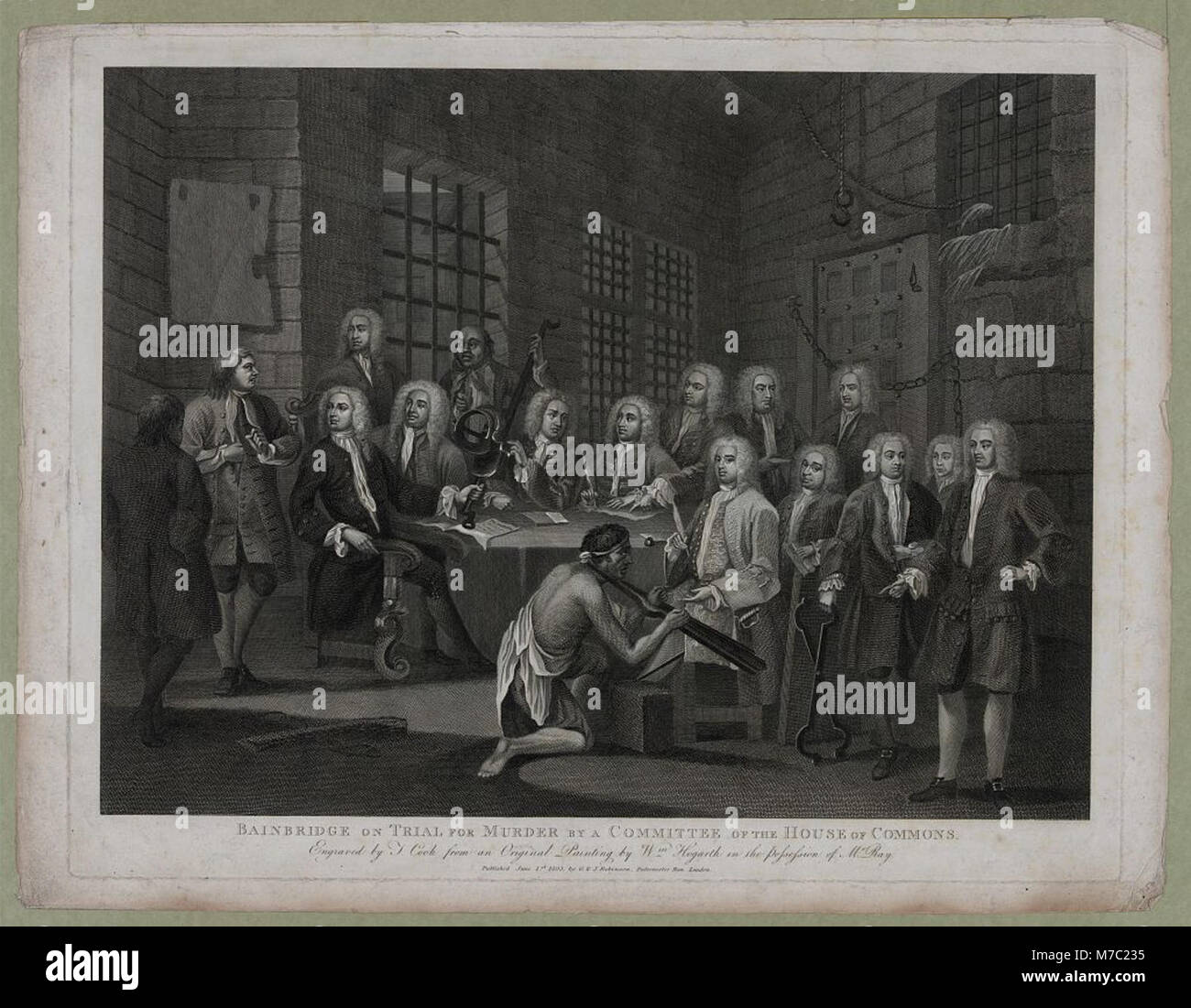 Un'incisione raffigurante il processo a Bainbridge (noto anche come Bambridge) per omicidio, come raffigurato in un dipinto di William Hogarth, conservato nella collezione di Mr. Ray. Foto Stock