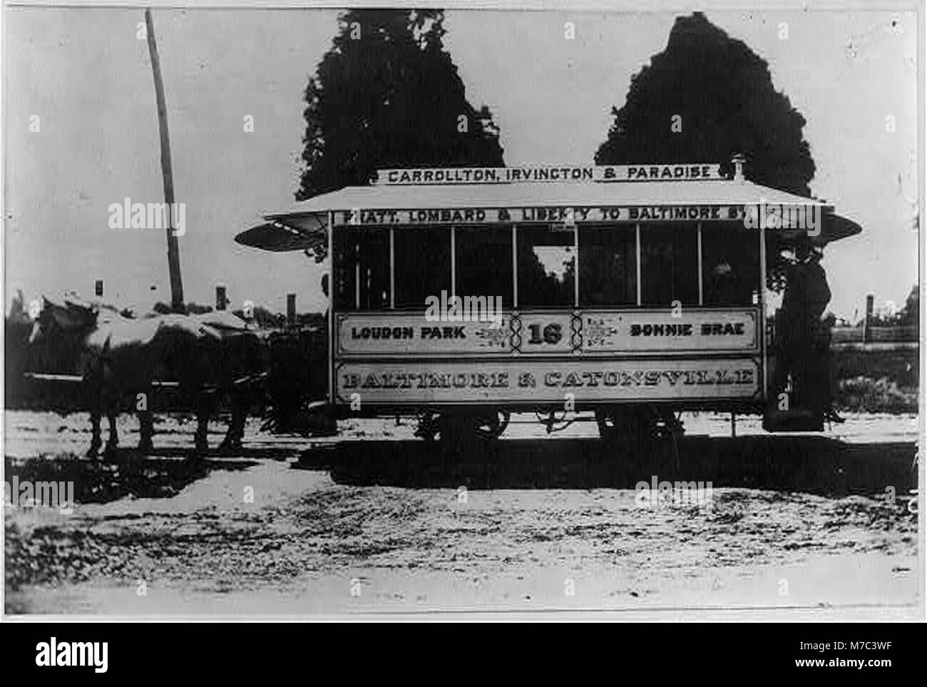 Una fotografia storica di una doppia auto trainata da cavalli utilizzata per i trasporti pubblici a Baltimora nel 1885, che mostra il veicolo e il suo ruolo nel transito urbano del XIX secolo. Foto Stock