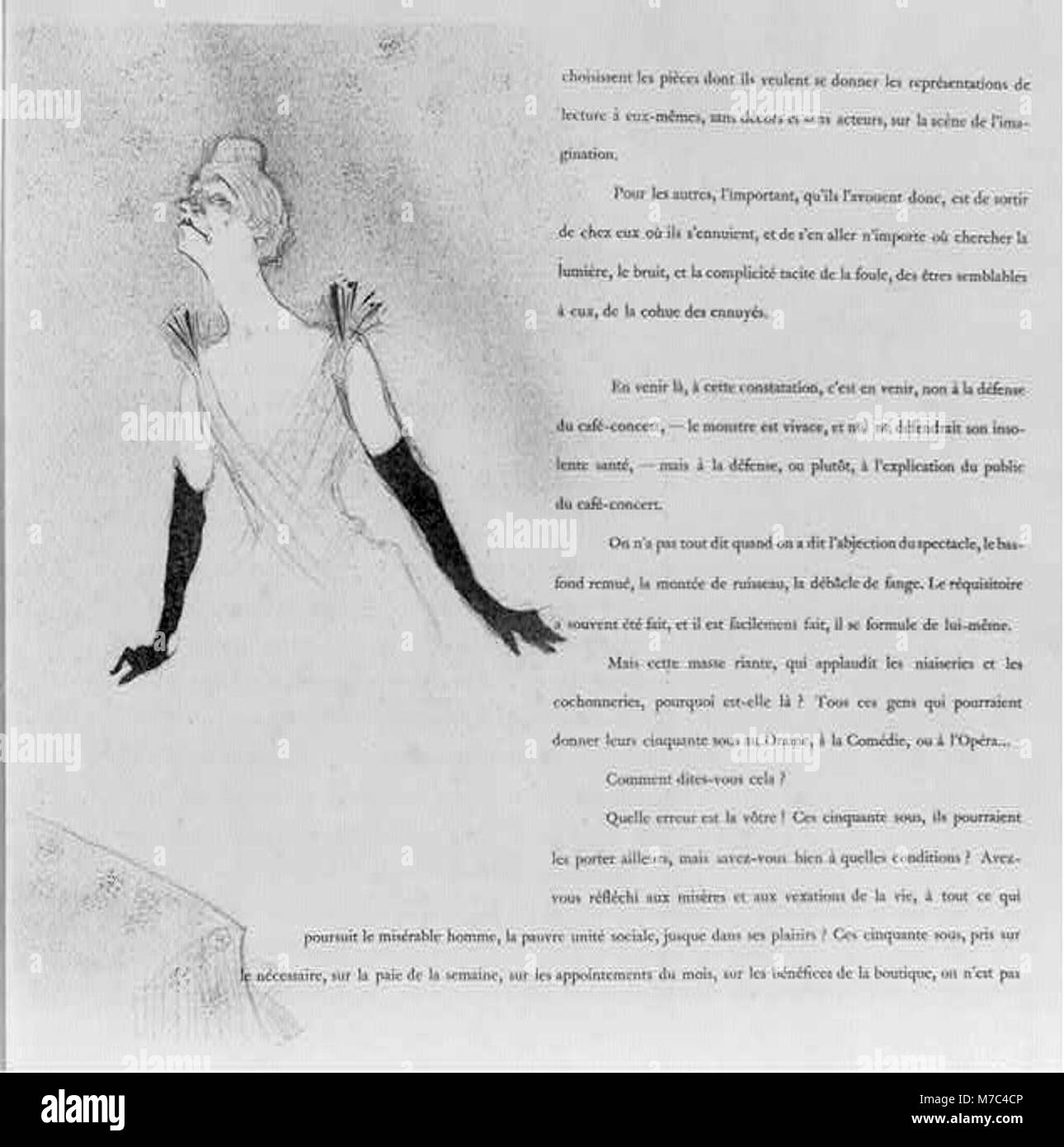 La cantante di cabaret francese Yvette Guilbert è raffigurata in un'illustrazione che indossa un abito elegante e lunghi guanti neri, riflettendo la sua presenza iconica sul palco alla fine del XIX secolo. Foto Stock