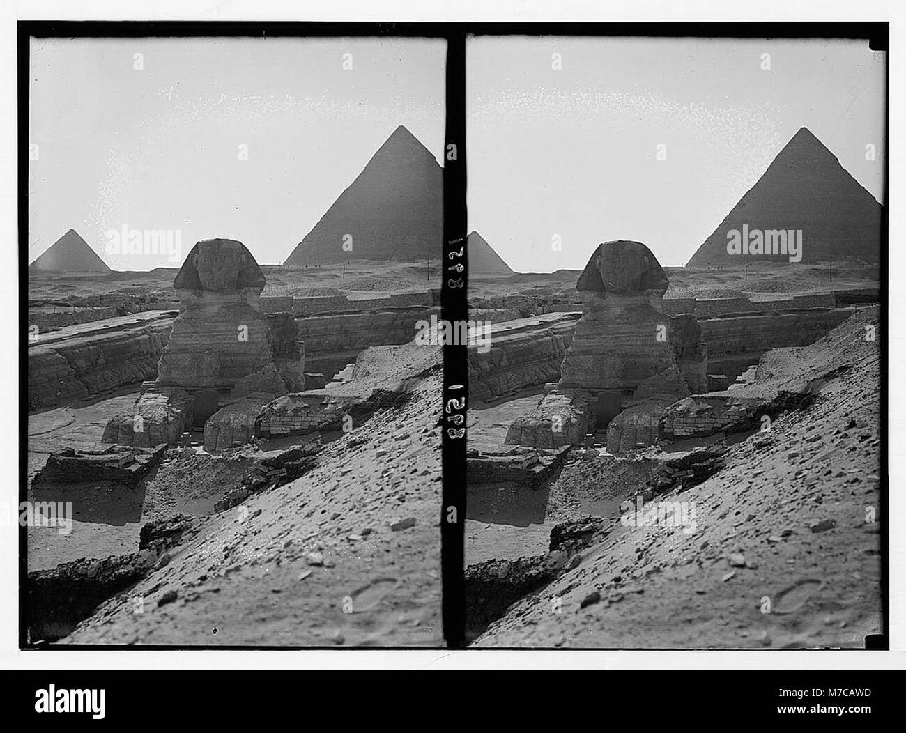 Questa iconica fotografia cattura la Sfinge e due piramidi in Egitto, mostrando le antiche meraviglie del mondo. L'immagine enfatizza il loro significato storico e architettonico. Foto Stock