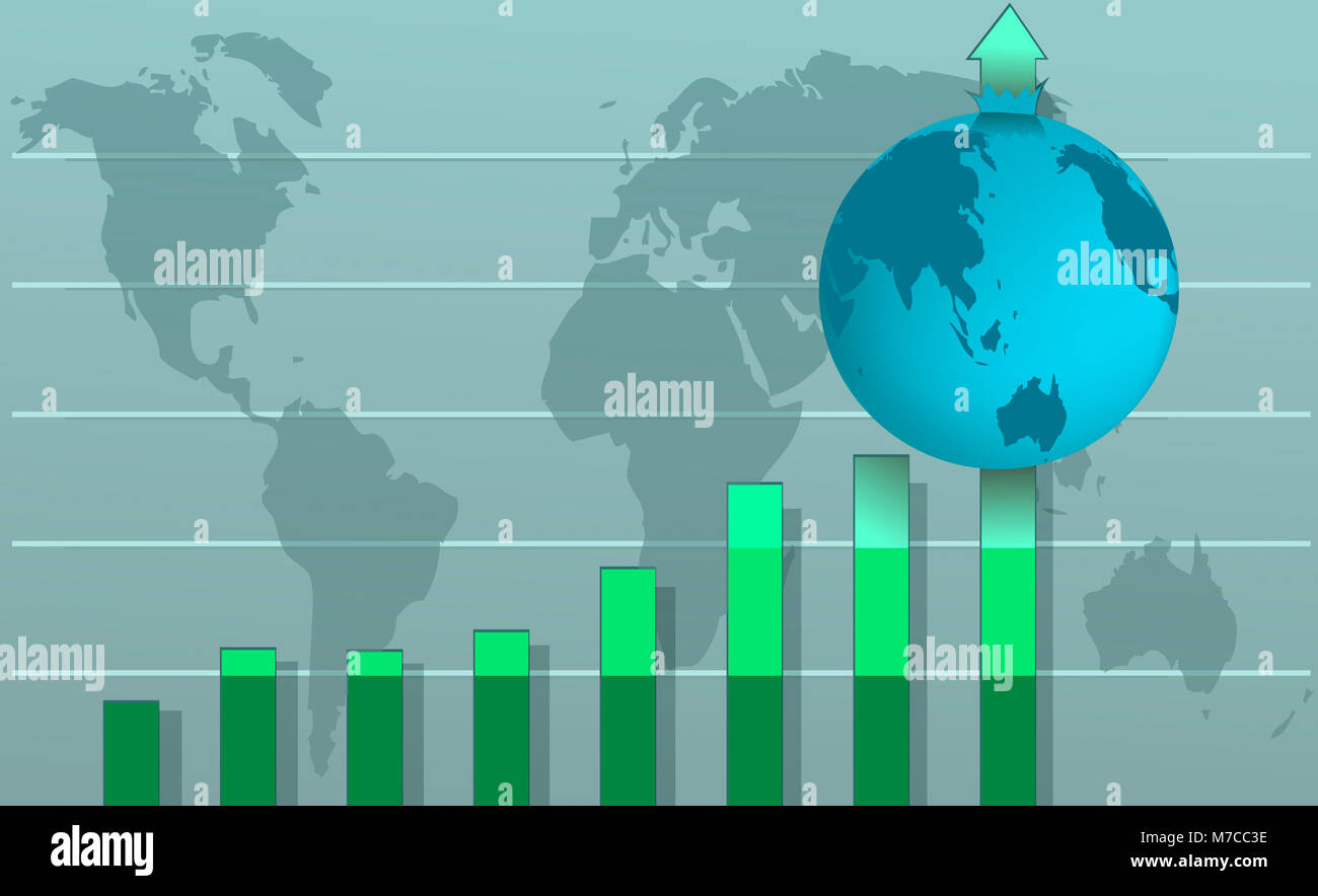 Mondo su un grafico a barre con la mappa del mondo in background Foto Stock