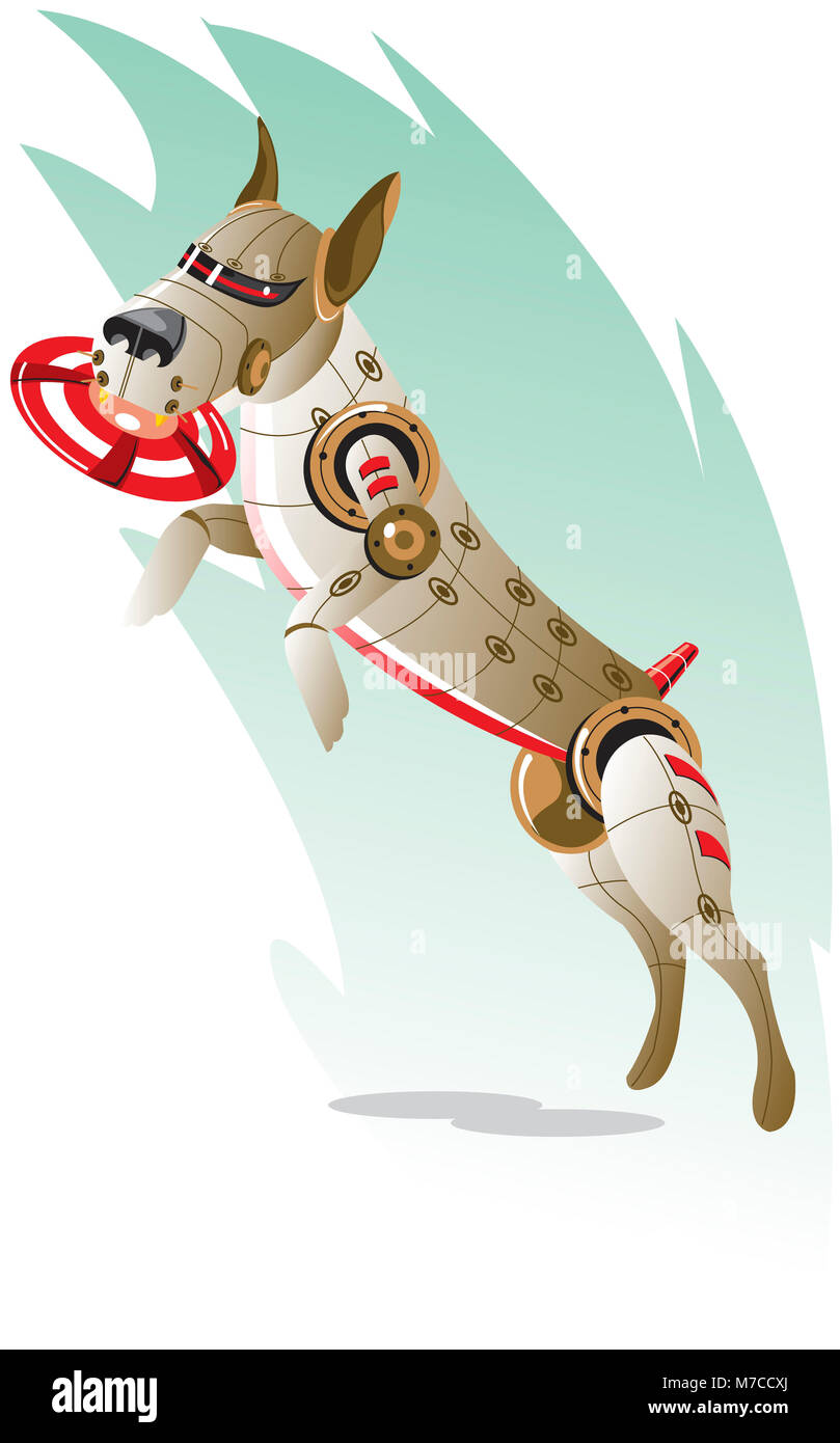 Close-up di un cane robotico recuperando un frisbee Foto Stock