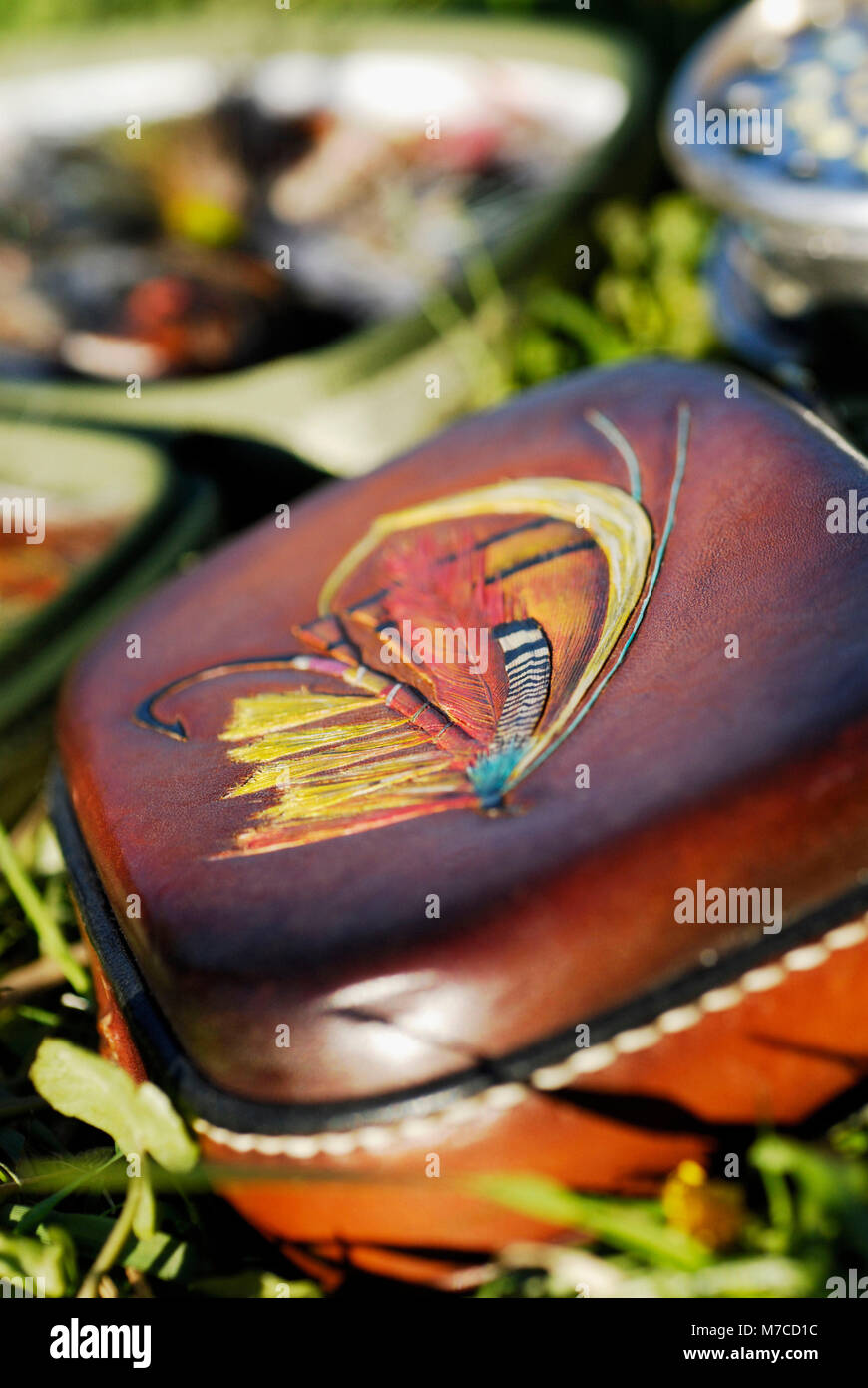Close-up di una pesca fly box Foto Stock
