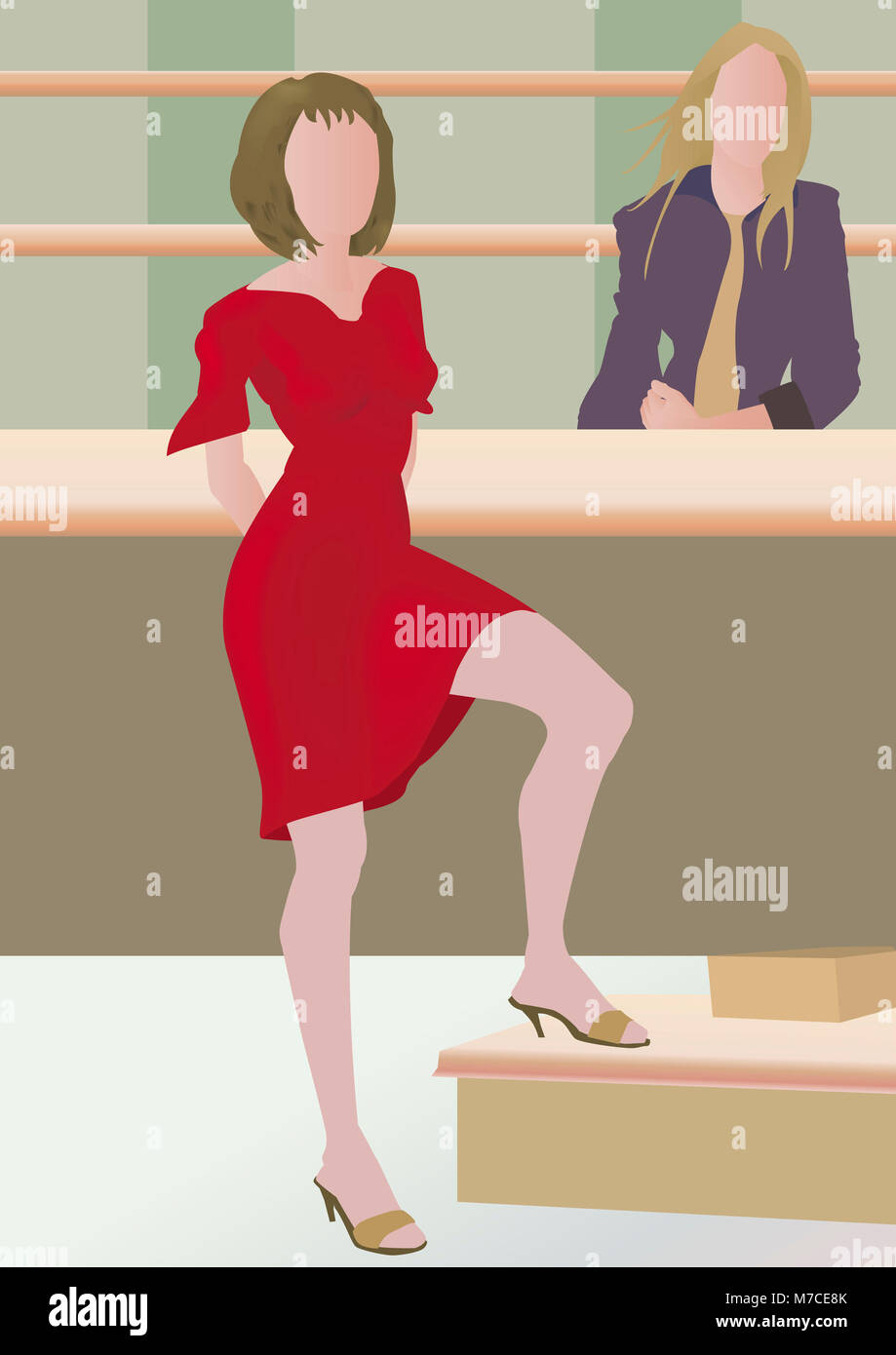 La donna in piedi di fronte a un contatore Foto Stock