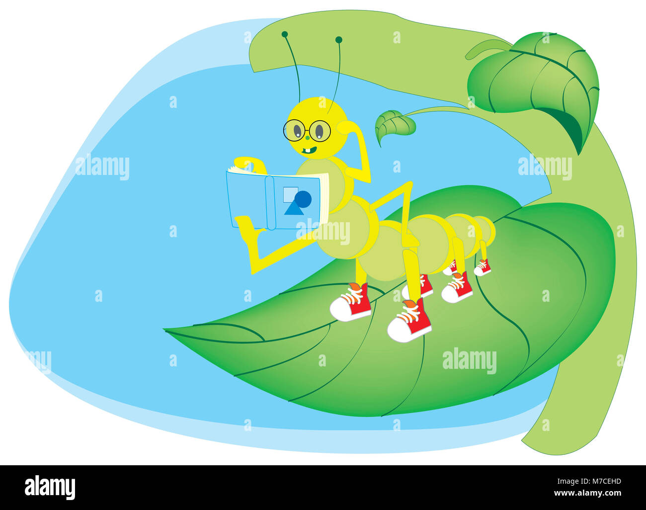 Caterpillar la lettura di un libro su una foglia Foto Stock