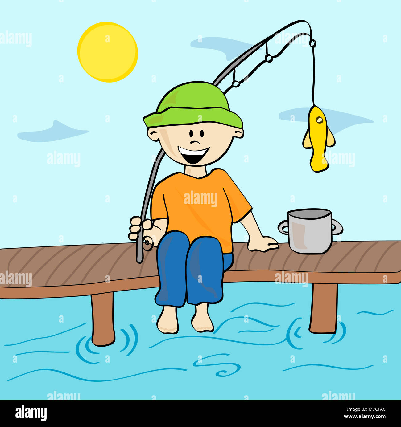 Ritratto di un ragazzo seduto su di un molo in possesso di una canna da pesca Foto Stock