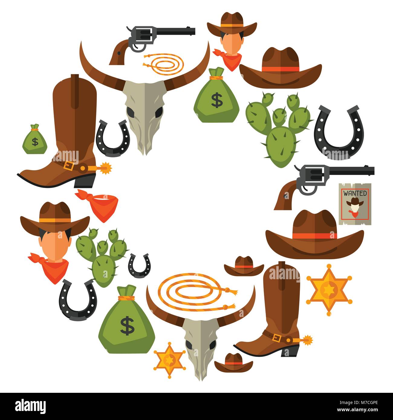 Wild West sfondo con cowboy oggetti ed elementi di design Illustrazione Vettoriale