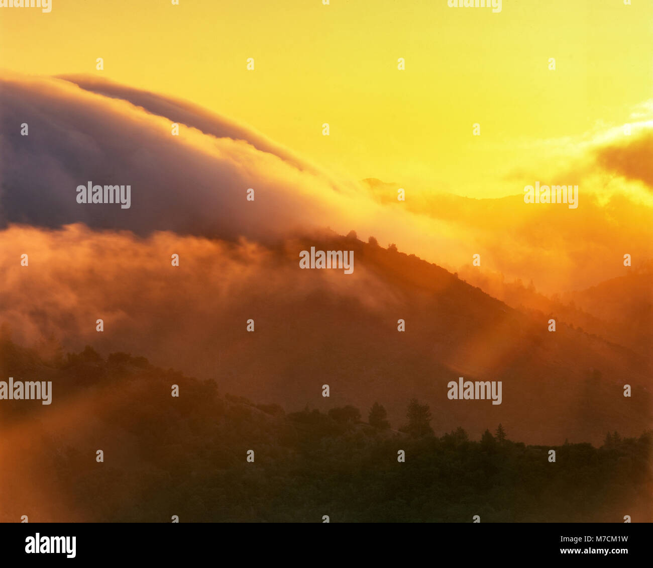 Il tramonto sopra la Chiesa Creek, Ventana deserto, Los Padres National Forest, Big Sur, Monterey County, California Foto Stock