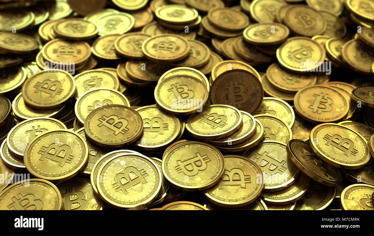 3d illustrazione di bitcoins heap, monete d'oro pila Foto Stock