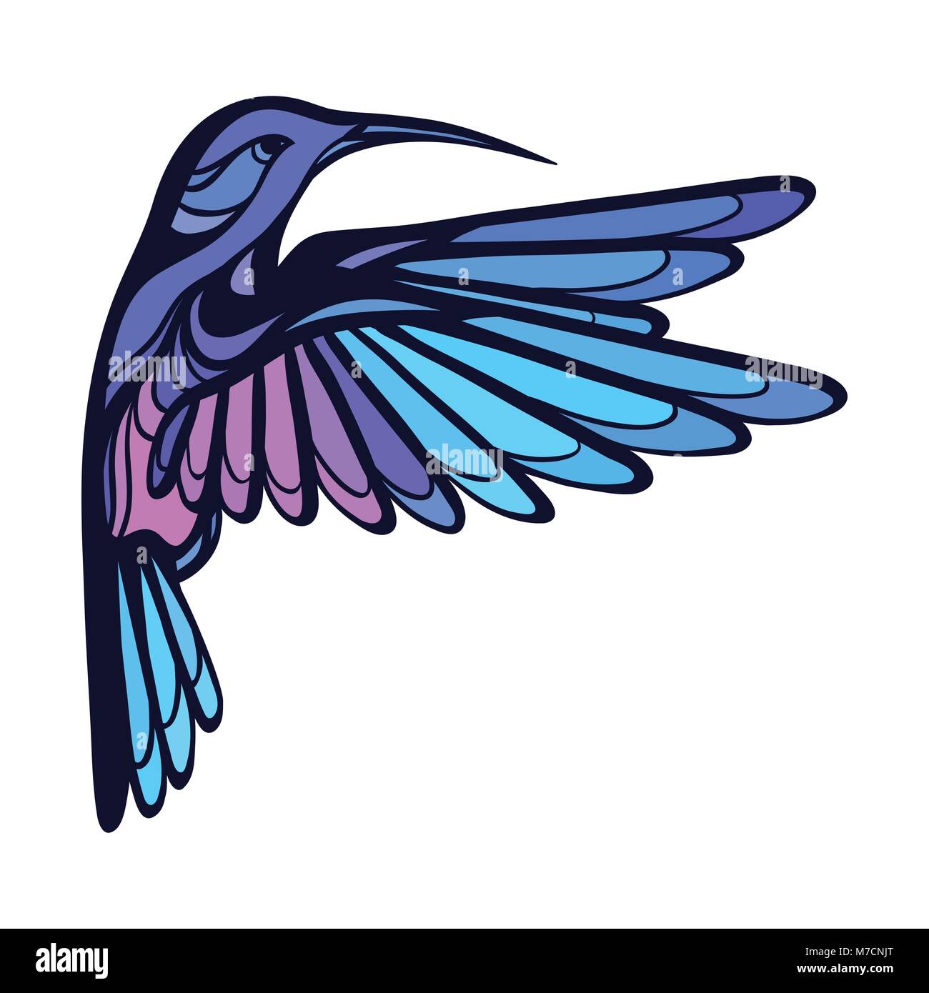 Flying tropicale hummingbird stilizzata su sfondo bianco Illustrazione Vettoriale