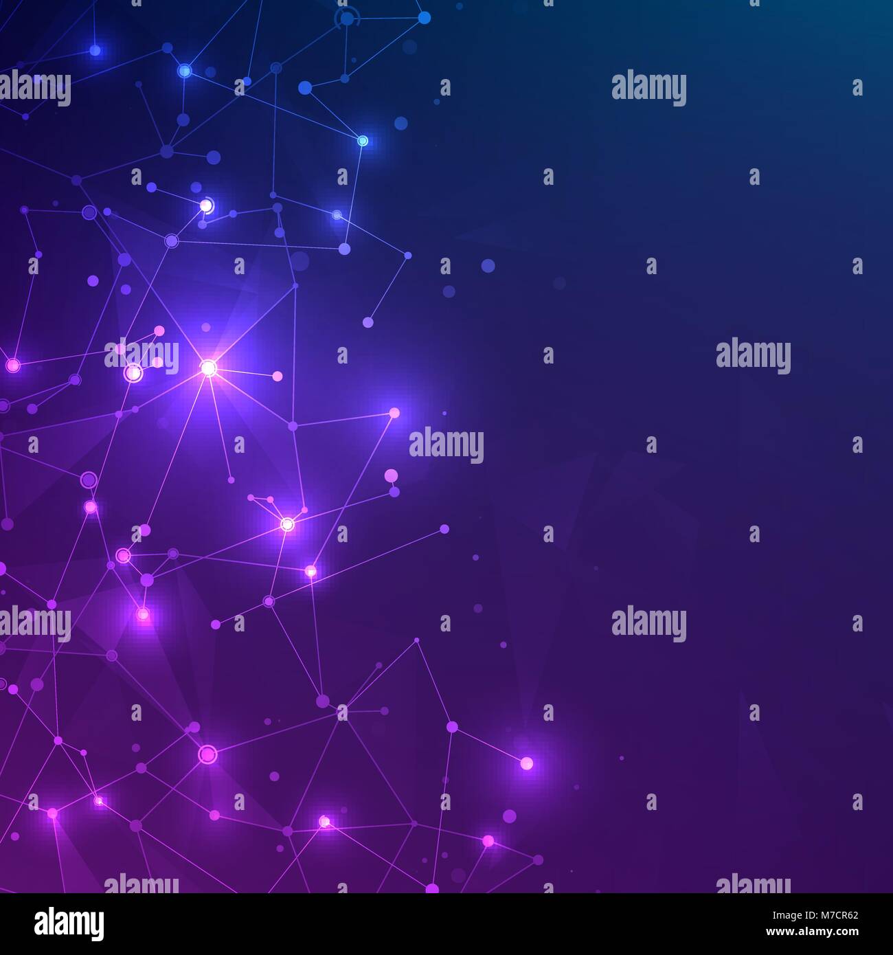 La tecnologia mesh con forme poligonali sul blu scuro e sfondo viola. Progettazione della tecnologia digitale concetto. Web caotica struttura del plesso. Abstract fu Illustrazione Vettoriale