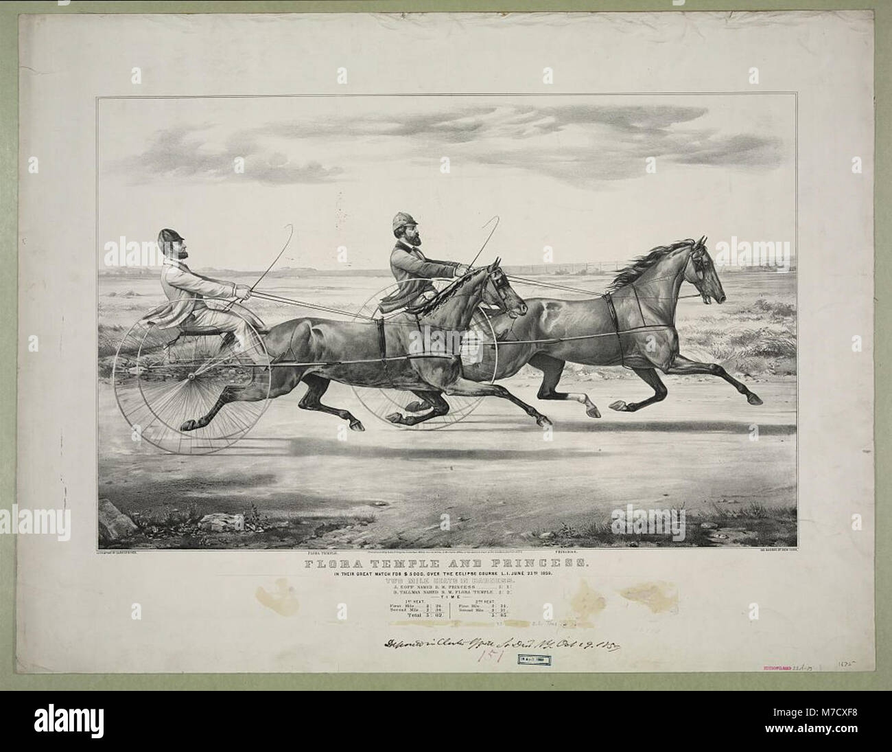 L'evento catturato in questa immagine storica mostra il Tempio di Flora e la Principessa, due rinomati cavalli da corsa, che gareggiano in una gara importante per un premio di $ 5000 al campo Eclipse, Long Island, nel 1859. Foto Stock