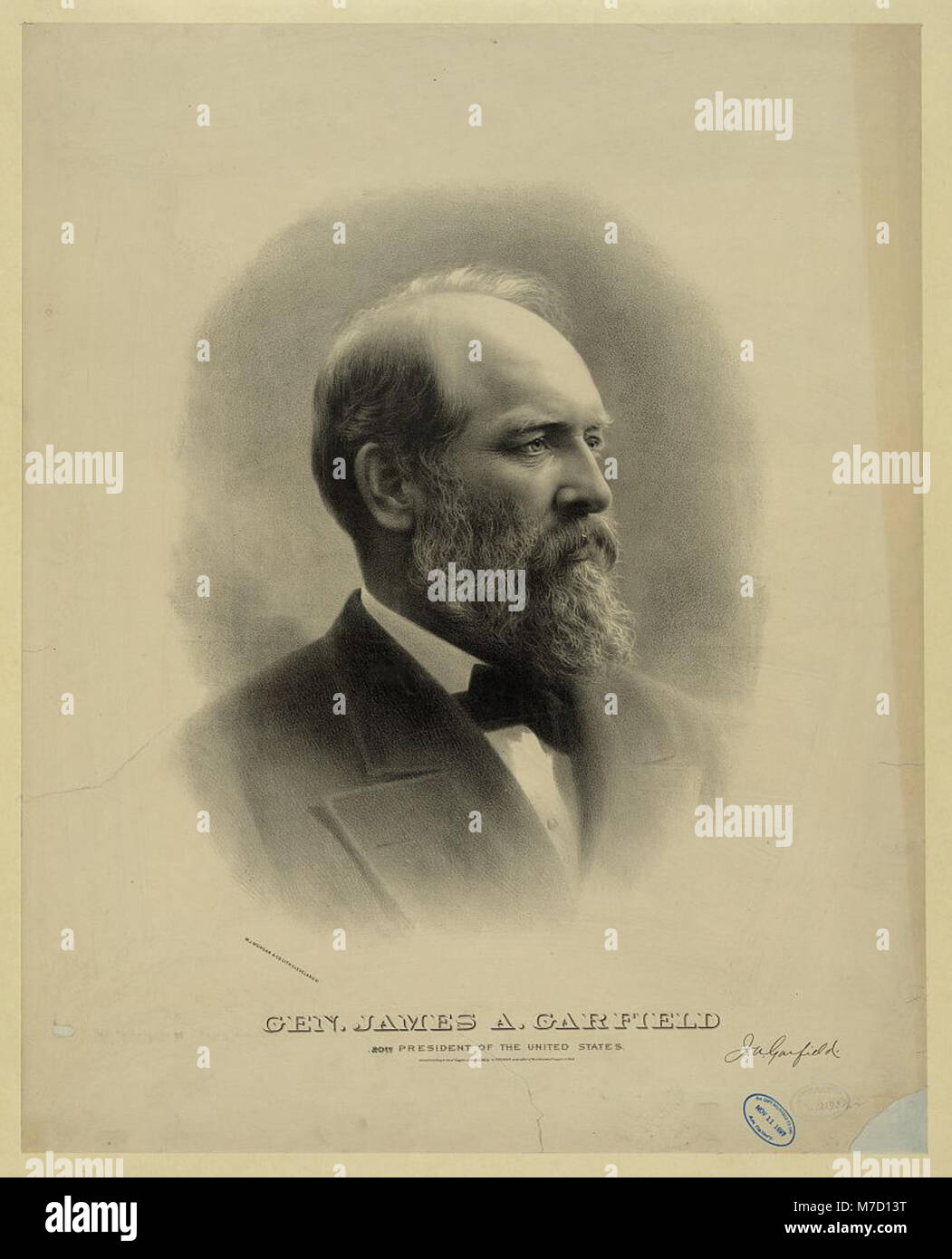 Una litografia del generale James A. Garfield, il ventesimo presidente degli Stati Uniti. Questa immagine è stata creata da W.J. Morgan & Co. A Cleveland, Ohio, catturando le somiglianze di Garfield durante la sua presidenza. Foto Stock