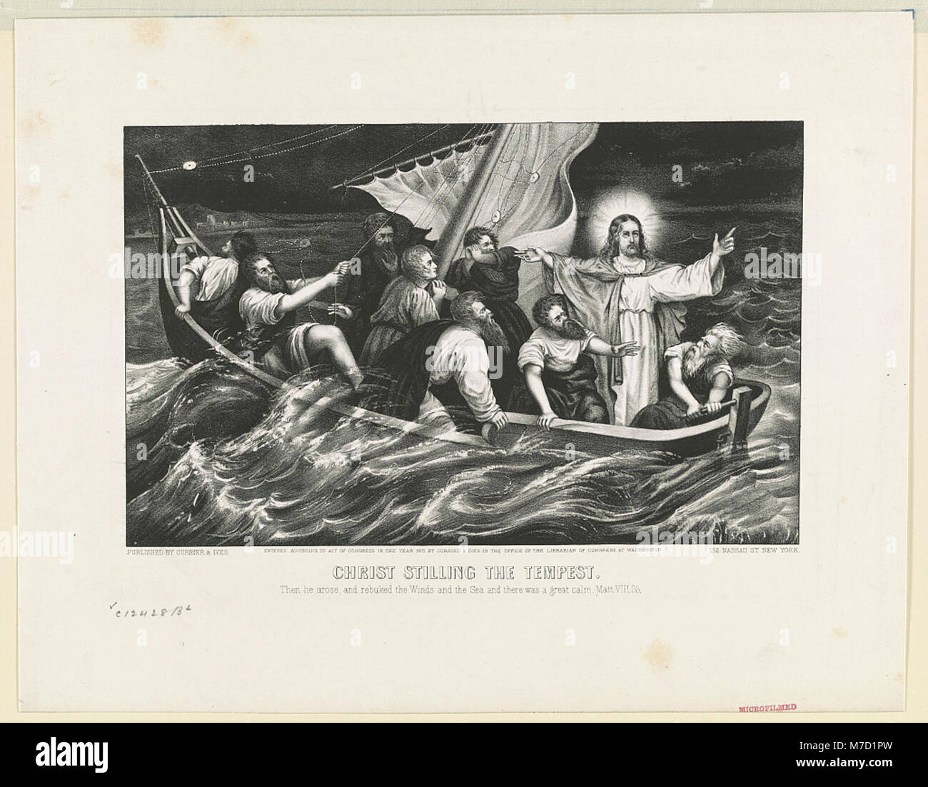 Una rappresentazione artistica della scena biblica *Christ Stilling the Tempest*, che illustra il momento in cui Gesù calma la tempesta. L'immagine cattura la scena drammatica del nuovo Testamento. Foto Stock