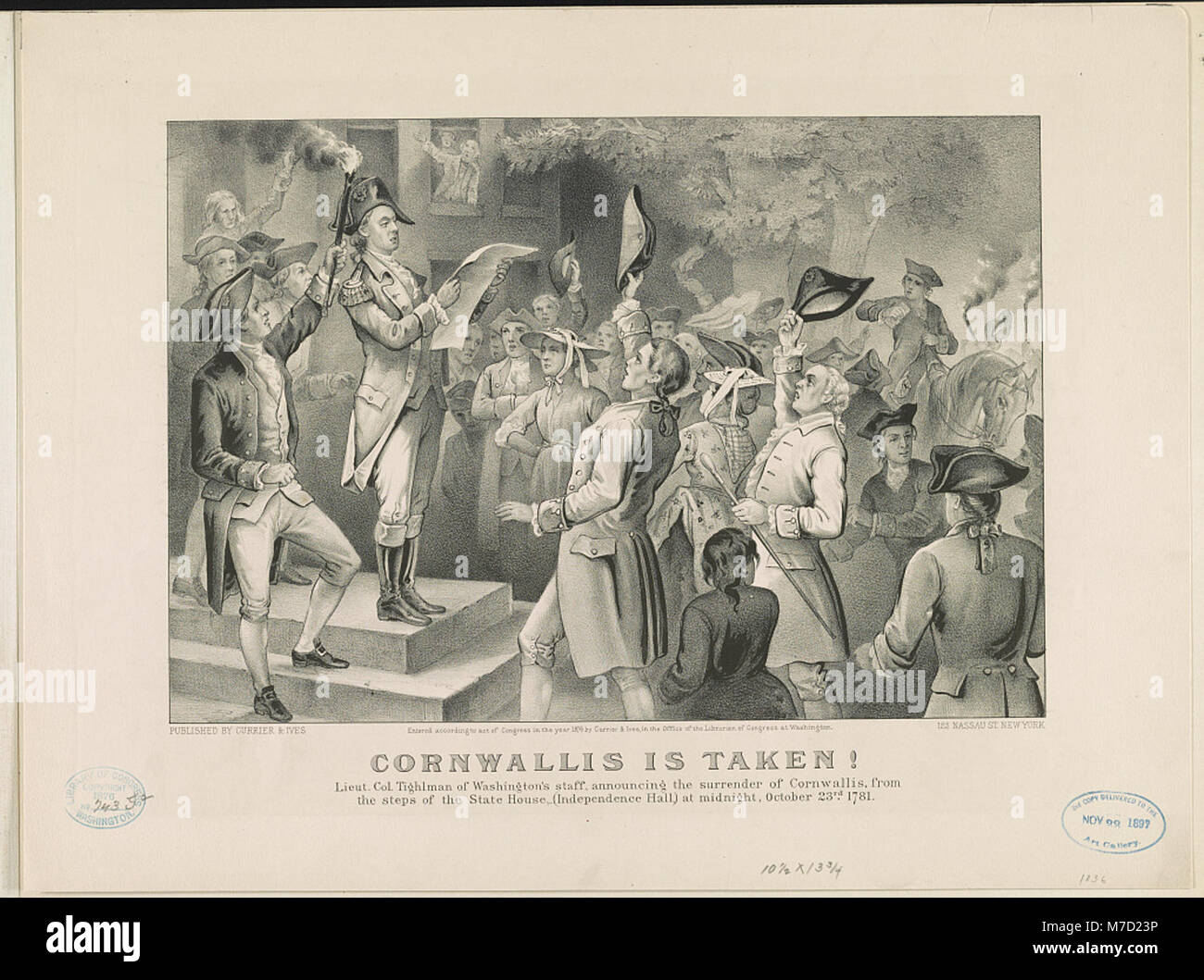 Il tenente colonnello Tighlman dello staff di Washington annuncia la resa del generale britannico Cornwallis a Independence Hall il 23 ottobre 1781, un momento cruciale nella guerra di indipendenza americana. Foto Stock