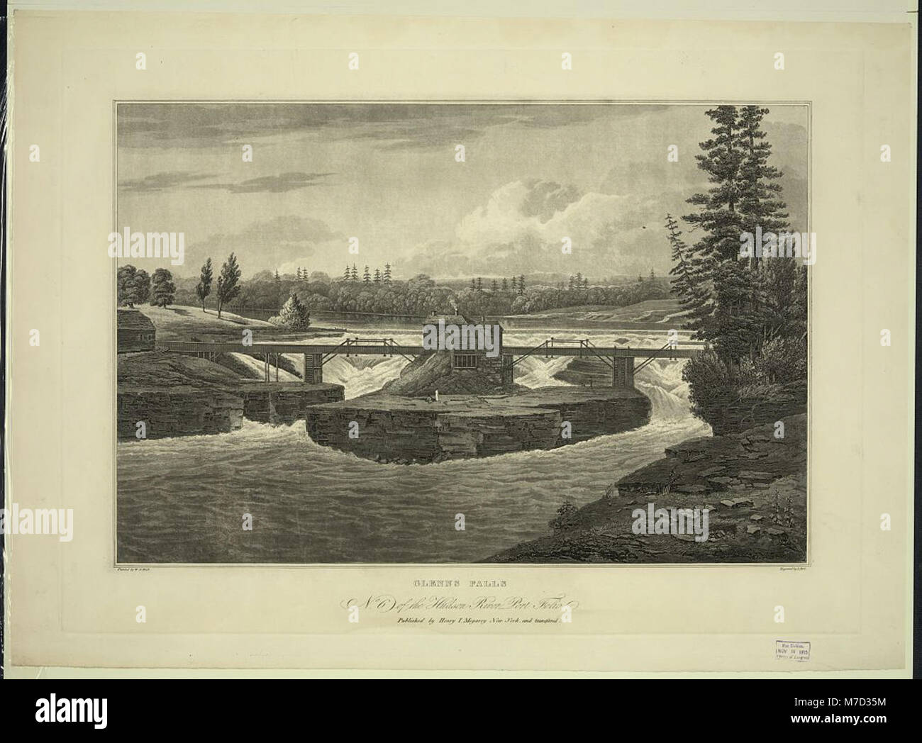 Un dipinto di Glenns Falls, inciso da I. Hill e creato da W.G. Wall. L'immagine cattura la bellezza panoramica delle cascate e del paesaggio naturale circostante. Foto Stock